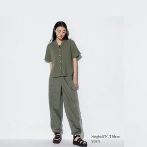 Uniqlo Open Collar Short-Sleeve Linen Blend Shirt (Olive, Women's Medium)